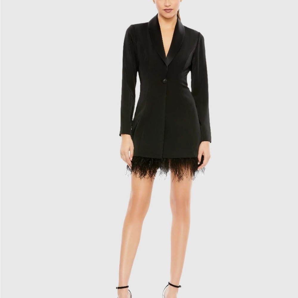 Mac Duggal Black Long Sleeve Tuxedo Dress with Feather Trim